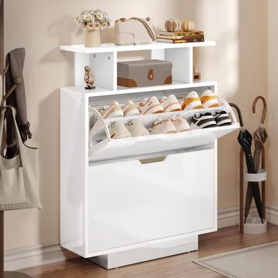 Produktbild von Schmaler Hochglanz-Schuhschrank mit 2 Klappen, Weiß, 80x24x106cm für Flur, Wohnzimmer & Eingang
