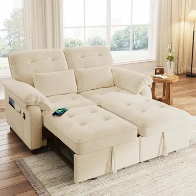 Image de Canapé-lit 3 en 1 Merax, canapé-lit 2 places avec fonction couchage, dossier réglable, avec ports USB et Type-C, 2 coussins, canapé-lit, beige