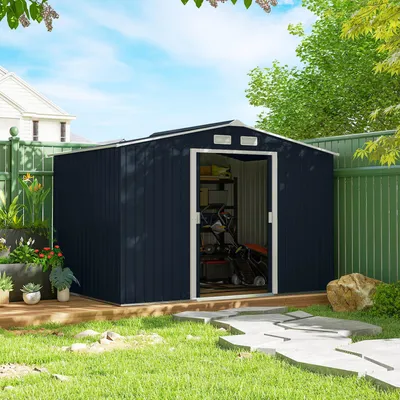 Produktbild von Gerätehaus Metall 2 Schiebetüren, Geräteschuppen Stahl wetterfest, Gartenhaus mit Bodenrahmen, Dunkelgrau | 277 x 195 x 192 cm | 4 Lüftungsfenster