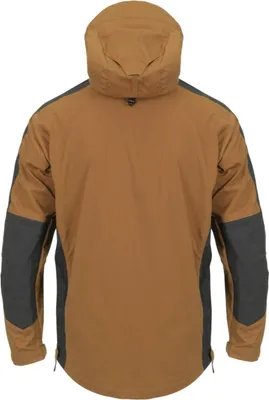 The back view of a brown and gray jacket.