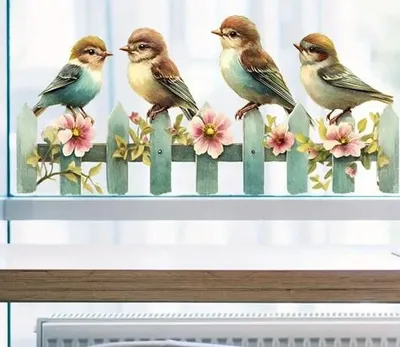 Produktbild von GKA XL Fensterbild 4 Vögel auf Zaun 40 cm Fensterfolie Fensteraufkleber selbstklebend ablösbar wieder verwendbar Fenster Aufkleber Meise Vogel
