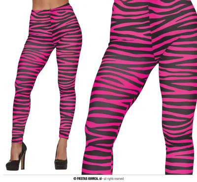 Productafbeelding van Leggings in retrostijl, geïnspireerd op de jaren '70 en '80, met een roze zebraprint. Ideaal als onderdeel van een kostuum of accessoire. Maat: 38 - 40 (M). Kleur: roze