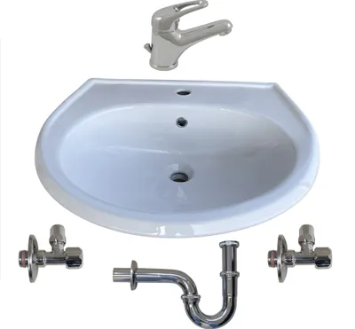 Produktbild von sanicomfort Waschtisch-Komplettset 60 cm mit WT-Armatur, Röhrensiphon und Eckventilen