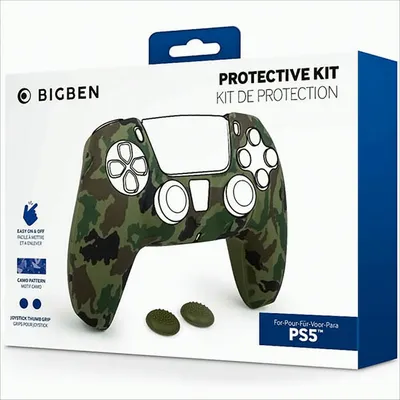 The image shows the retail packaging for a BigBen protective kit for a PS5 controller, featuring a camouflage pattern.