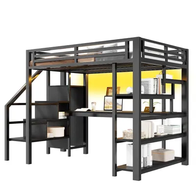 Produktbild von 140x200cm Metall-Hochbett mit Treppe, offenem Kleiderschrank, integriertem Schreibtisch, Staufächern, USB-Ladestation und LED-Beleuchtung; schwarz