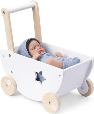 Produktbild von Navaris Puppenwagen aus Holz in Weiß - Kinder Baby Puppen Wagen Lauflernwagen - für Mädchen und Jungen - ab 18 Monate - Holzpuppenwagen mit Bettzeug