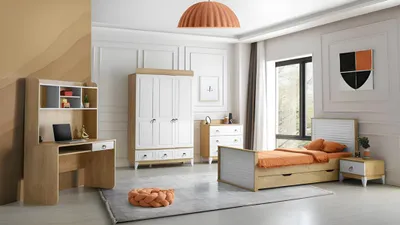 Productafbeelding van Moderne set bestaande uit: bed, nachtkastje, dressoir, garderobekast en bureau