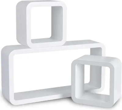 Image de Happyment Cube Étagère murale flottante - Blanc - Lot de 3 - Étagères murales flottantes - Bois MDF - Étagère à livres/photos pour le salon & la chambre d'enfants