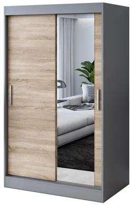 Zdjęcie produktu dla Szafa przesuwna - 120x200cm - Antracyt Mat/ Dąb Sonoma - Szafa przesuwna HUGO - z lustrem- do sypialni i garderoby