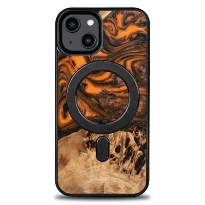 Image de Bewood Unique Magsafe Orange Wood and Resin Case for Iphone 15 Plus - Orange et noir