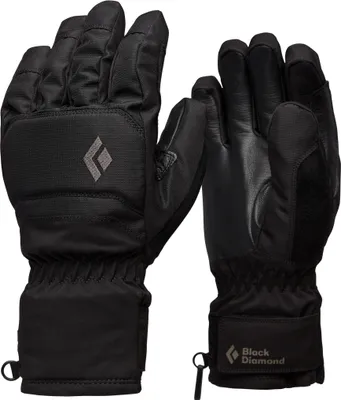 Schwarze Skihandschuhe "Mission Gloves" von Black Diamond; mit gepolstertem Handflächenbereich und verstellbarem Handgelenk.