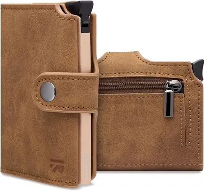 Produktbild von Slim Wallet mit Münzfach RFID Schutz Kartenetui Damen Herren Geldbörse kompakt für 9 Karten Scheine Münzen aus veganem Leder leicht sicher