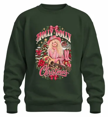 Obrázek produktu pro Růžový svetr s kapucí ve stylu country, s motivem "Holly Dolly Christmas", velikost M, barva: zelená