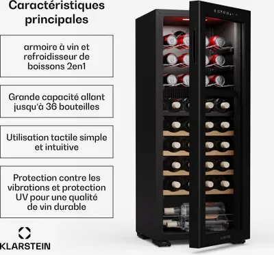 Image de Klarstein Bovella 36 Duo+ Cave à Vin - 36 Bouteilles, 2 Zones, 5-18°C,Tactile, Éclairage LED, Protection UV, Cave à Vin Réfrigérante Autonome