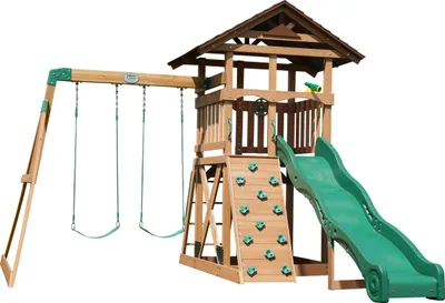 Produktbild von Backyard Discovery Spielturm Lightning Ridge aus Holz | XXL-Kinderspielhaus mit Doppelschaukel/Rutsche/Kletterwand/Leiter/Sandkasten/Zubehör inklusive | Stelzenhaus für den Garten