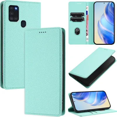 Produktbild von Litchi Leder Handyhülle für Samsung Galaxy A21S Wallet Kartenfächer Standfunktion Hülle Türkis