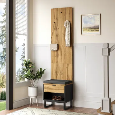 Produktbild von CDGlobal Garderobenset, Schuhbank Wandspiegel und Garderobenständer mit Haken Set, Holz Moderner Stil, für Eingang Flur