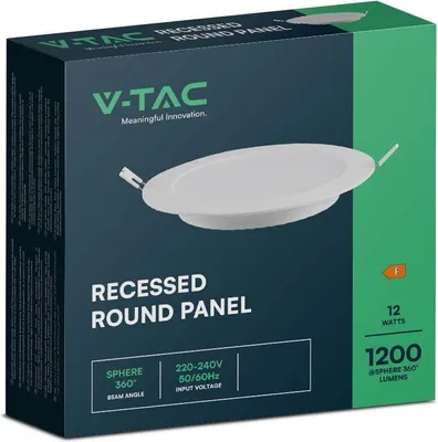 The image shows the packaging of a V-TAC recessed round panel light.