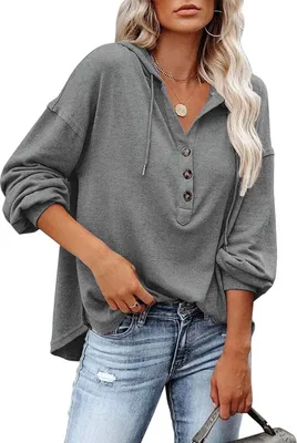 Produktbild von ASKSA Damen Kapuzenpullover Sweatshirts Hoodies Kordelzug Tiefer V-Ausschnitt Knopfleiste Tops, Grau, L