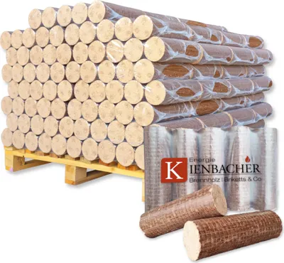 A pallet stacked with bundles of wood briquettes, with a close-up of two briquettes in the foreground and a logo overlay.