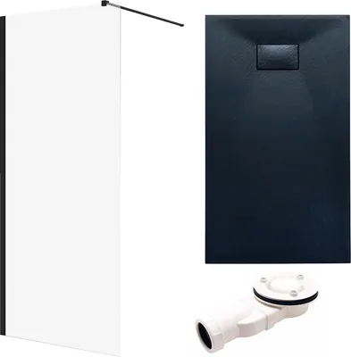 Produktbild von SET Walk-In Dusche 100x195 + Duschwanne 80x100 - Rechteck Transparent Gehärtet Nano Glas Schwarz Steinoptik SMC inkl. Siphon | BADLAND KETIL VIDAR