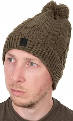 Image de Bonnet d'hiver Fox Kaki Tricot torsadé à pompon