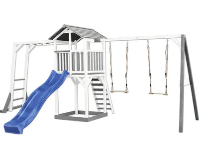 Produktbild von AXI Beach Tower Spielturm aus Holz in Weiß & Grau | Spielhaus für Kinder mit blauer Rutsche, Klettergerüst, Doppelschaukel und Sandkasten |