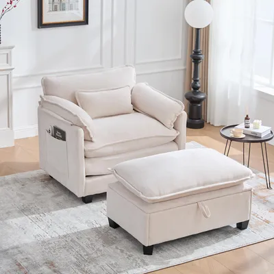 Obrázek produktu pro MODFU Moderní relaxační křeslo s bočními kapsami, lounge pohovka, velké sametové relaxační křeslo s podnožkou a polštářem, do obýváku a ložnice, béžová