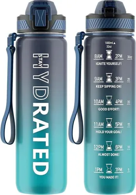 Produktbild von Famanu Wasserflasche 1 Liter mit Strohhalm und Zeitmarkierung - Auslaufsichere Sportflasche für Fitness, Schule und Outdoor