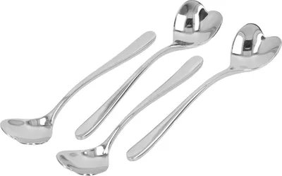 Imagen del producto de 4 cucharaditas de acero inoxidable con forma de corazón, ideales para café, té, postres y para remover azúcar. Perfectas para cafeterías