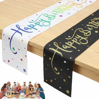 Immagine prodotto di 2 tovagliette decorative "Buon Compleanno", motivo pois colorati, 180 x 33 cm, in poliestere