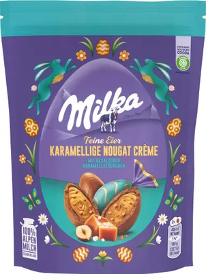 Produktbild von Milka Feine Eier Karamell Nougat Alpenmilch Schokolade Packung 90g
