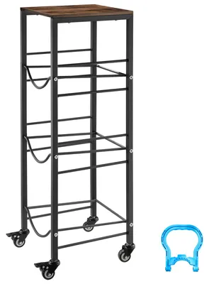 Immagine prodotto di SucceBuy: portabottiglie a 4 ripiani con vano portaoggetti e rotelle, adatto per 3 bottiglie d'acqua, pratico scaffale per cucina, ufficio e soggiorno, disponibile in nero e marrone