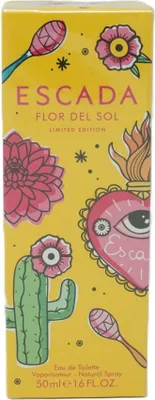 A yellow box with colorful illustrations of flowers, a cactus, and maracas, featuring the brand name ESCADA and product name FLOR DEL SOL.