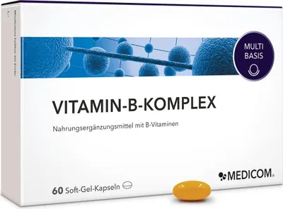 Produktbild von Medicom Vitamin-B-Komplex mit B-Vitaminen, Pantothensäure, Niacin, Folsäure, Biotin, 60 Kapseln, die normale Funktion des Nervensystems