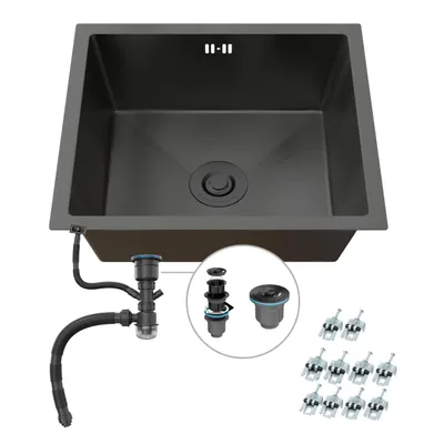 Produktbild von ANW HOME Unterbauspüle 49x44 cm Schwarz, Edelstahl 304, Nano Piano, 1 Becken, Küchenspüle mit tiefem Becken, Siphon und Ablaufset