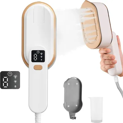 Obrázek produktu pro Napařovač, parní žehlička, cestovní napařovač (bílá) s LCD displejem, otočný ruční napařovač, rychlé nahřátí za 10 sekund, 1200 W, nádrž 150 ml, určený pro cestování