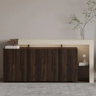 Produktbild von Skye Decor, Hochwertiger Konsolentisch mit LED-Beleuchtung, Travertin und Walnuss, 170 x 80 x 35 cm | 100% melaminbeschichtete Spanplatte, 18 mm dick | Modernes Design mit vielen Regalen, wandmontierbar.