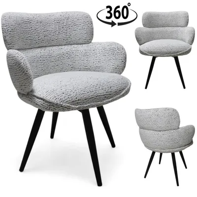 Produktbild von Drehsessel Weiß Schwarz – Polstersessel Esszimmer Wohnzimmer – Armlehnenstuhl Stoff – 360° Drehbar – Metallbeine