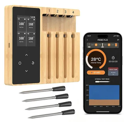 Produktbild von ZELURXX Kabelloses Bluetooth Bratenthermometer mit 4 Sonden und Display Empfänger, 120m Reichweite, App Steuerung, IPX7 Fleischthermometer