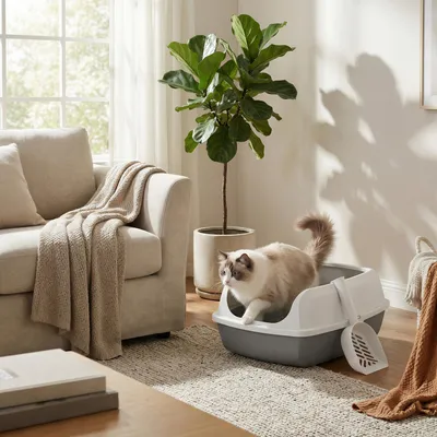 Produktbild von Feandrea Katzenklo mit hohen Seitenwänden, XL, offene Katzentoilette, mit Schaufel, für Kätzchen und große Katzen, wolkenweiß
