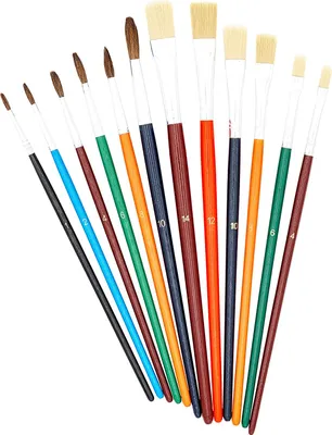 Produktbild von TSI Schulmalpinsel-Set 12tlg, Haarpinsel (Größe 1,2,4,6,8 und 10) - Borstenpinsel (Größe 4,6,8,10,12 und 14), Schaft farbig lackiert, Art. Nr. 49111