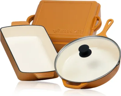 Obrázok produktu pre Mahlzeit 3-dielna liatinová súprava | Ø 29,5 cm, 3,8 l, 10,8 l | Sunny Orange | Súprava na varenie, súprava hrncov
