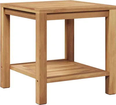 A wooden side table with a shelf.