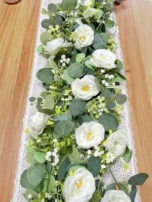 Produktbild von Kunstblumen Girlande 1.8 m, Eukalyptus mit weißen Rosen, für Hochzeiten