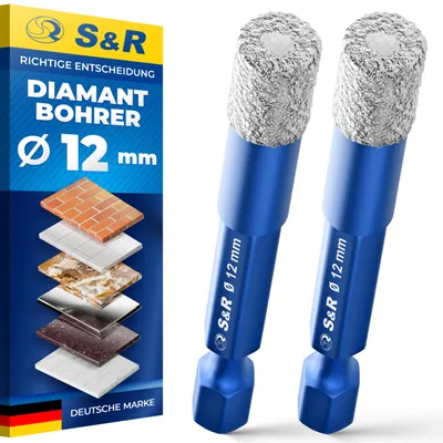 Imagen del producto de S&R, juego profesional de 2 brocas de diamante, juego de brocas de diamante para azulejos de 12 mm, brocas para vidrio, con vástago hexagonal, para cerámica dura, gres porcelánico, granito, porcelana, mármol y vidrio. Juego de brocas para azulejos en caja redonda