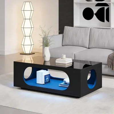 Obrázek produktu pro okwish Konferenční stolek, stolek s ovládáním LED přes aplikaci, perforovaný stolek s úložným prostorem, černý