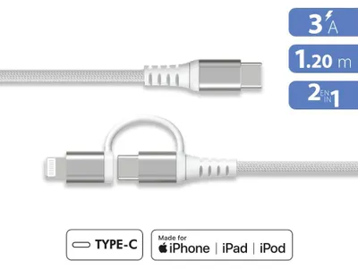 Image de Câble Renforcé 2 en 1 USB C / USB C & Lightning 3A 1.