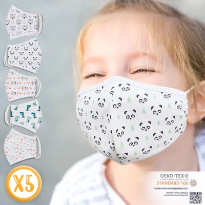 Obrázek produktu pro Jago® Dětská látková maska - 5 kusů, pratelná na 60°, 3D potisk zvířecího motivu, prodyšná, bavlna, pro chlapce dívky, OEKO-TEX 100 - ochrana úst a nosu, společenská maska, provizorní maska, maska pro každý den