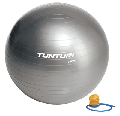 Zdjęcie produktu dla Piłka fitness Tunturi Anti Burst z pompką - Piłka do jogi 65 cm - Piłka do pilatesu - Piłka ciążowa - Waga użytkownika 220 kg - Zawiera aplikację treningową - Srebrny